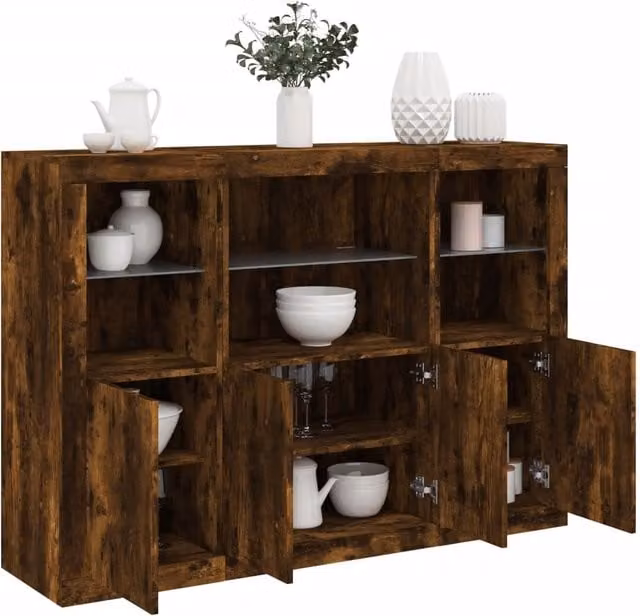Berkfield Home Set of 3 Modern Sideboards with LED Lights in Smoked Oak Brown MDF