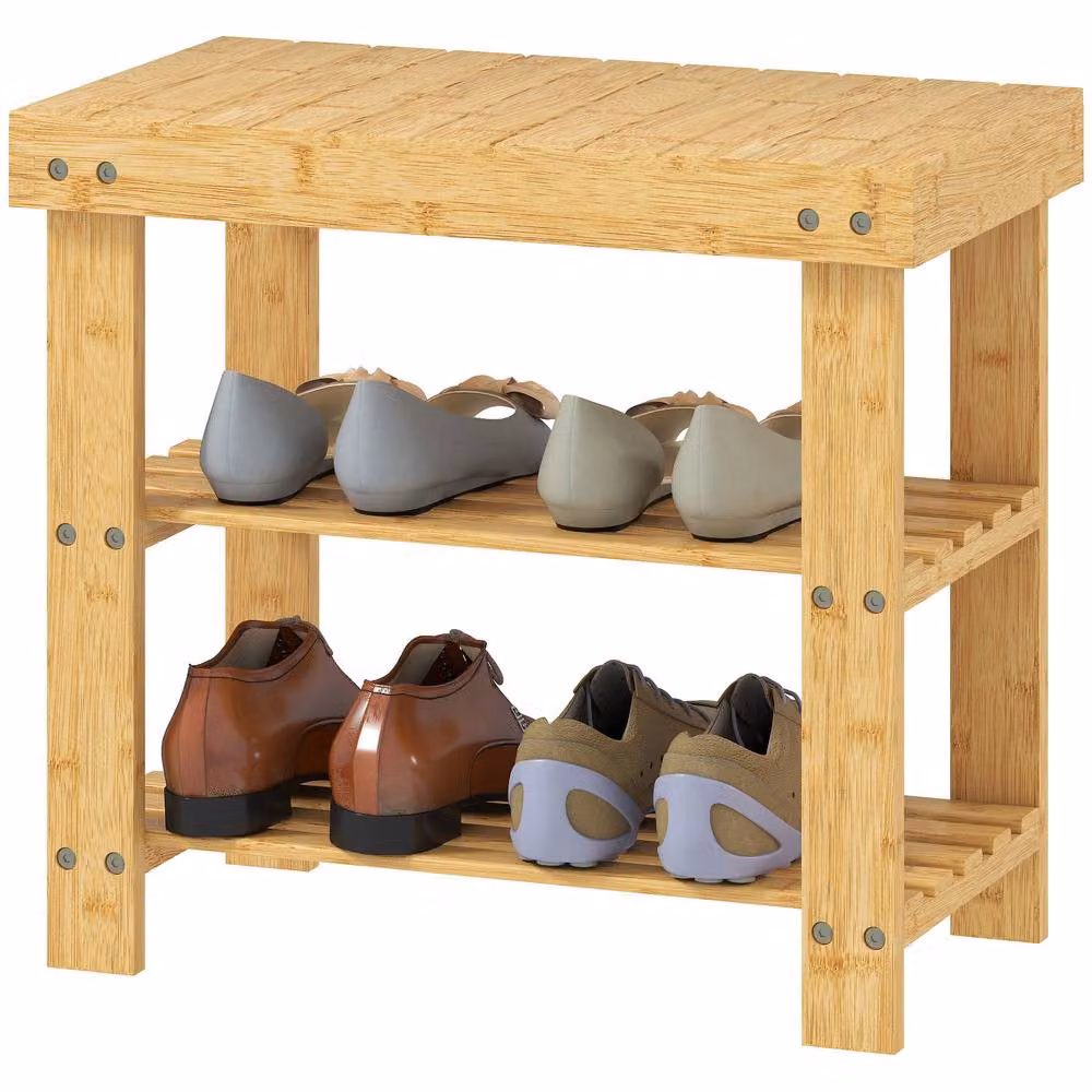 STILVORA Bamboo Shoe Storage Bench with Two Shelves in Natural Brown – 3