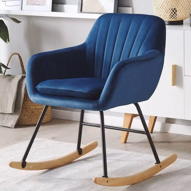 Wyld and Coco Blue Velvet Rocking Chair with Metal Frame and Wooden Runners – 1