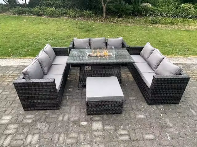 Fimous 10 Seater Rattan Garden Furniture Set with Gas Fire Pit Dining Table and Heater in Dark Grey