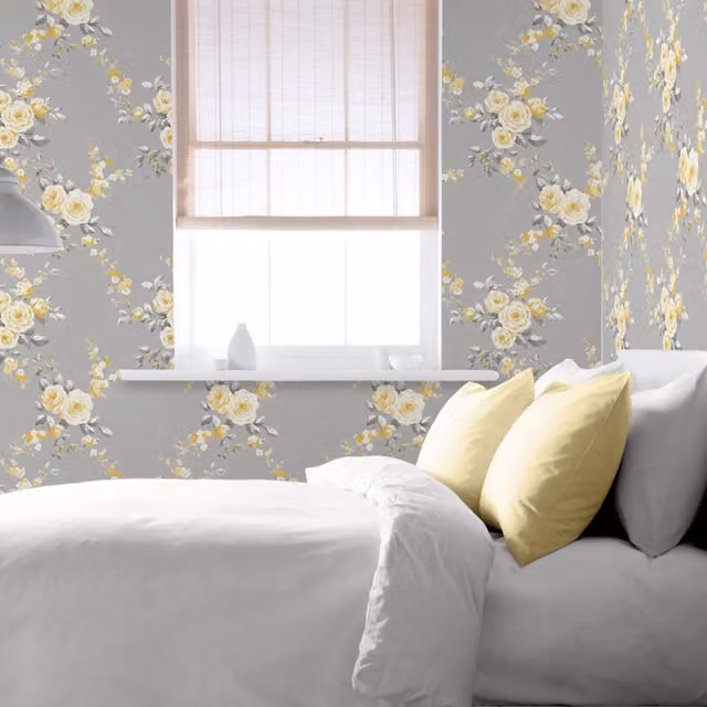 Catherine Lansfield Canterbury Floral Designer Wallpaper in Grey, Yellow and White