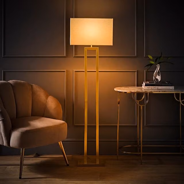 ValueLights Gloria Double Stem Metal Floor Lamp with Rectangular Fabric Shade and LED Bulb in Gold/Brass