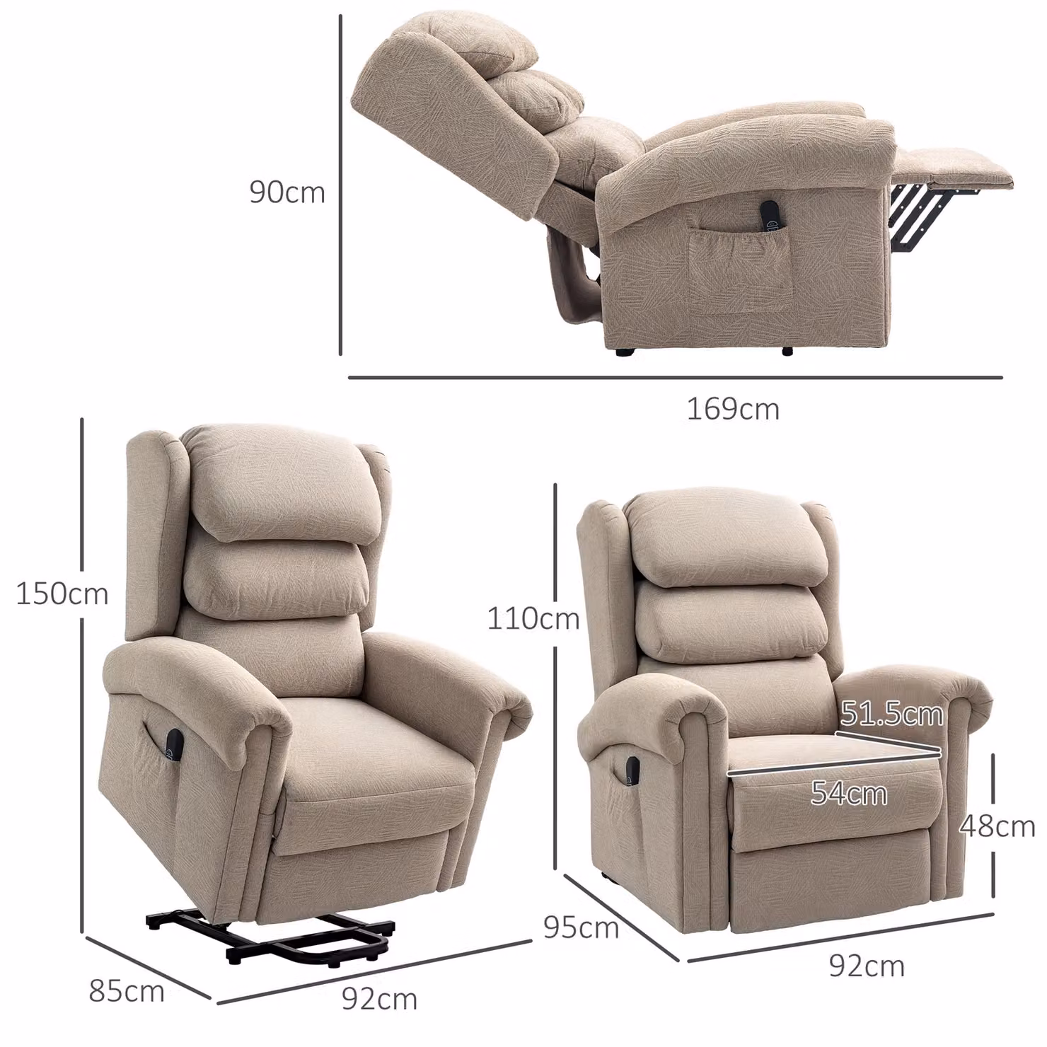 HOMCOM Power Lift Recliner Chair for Elderly, Beige Velvet Electric Riser and Recliner Armchair with Remote Control – 3