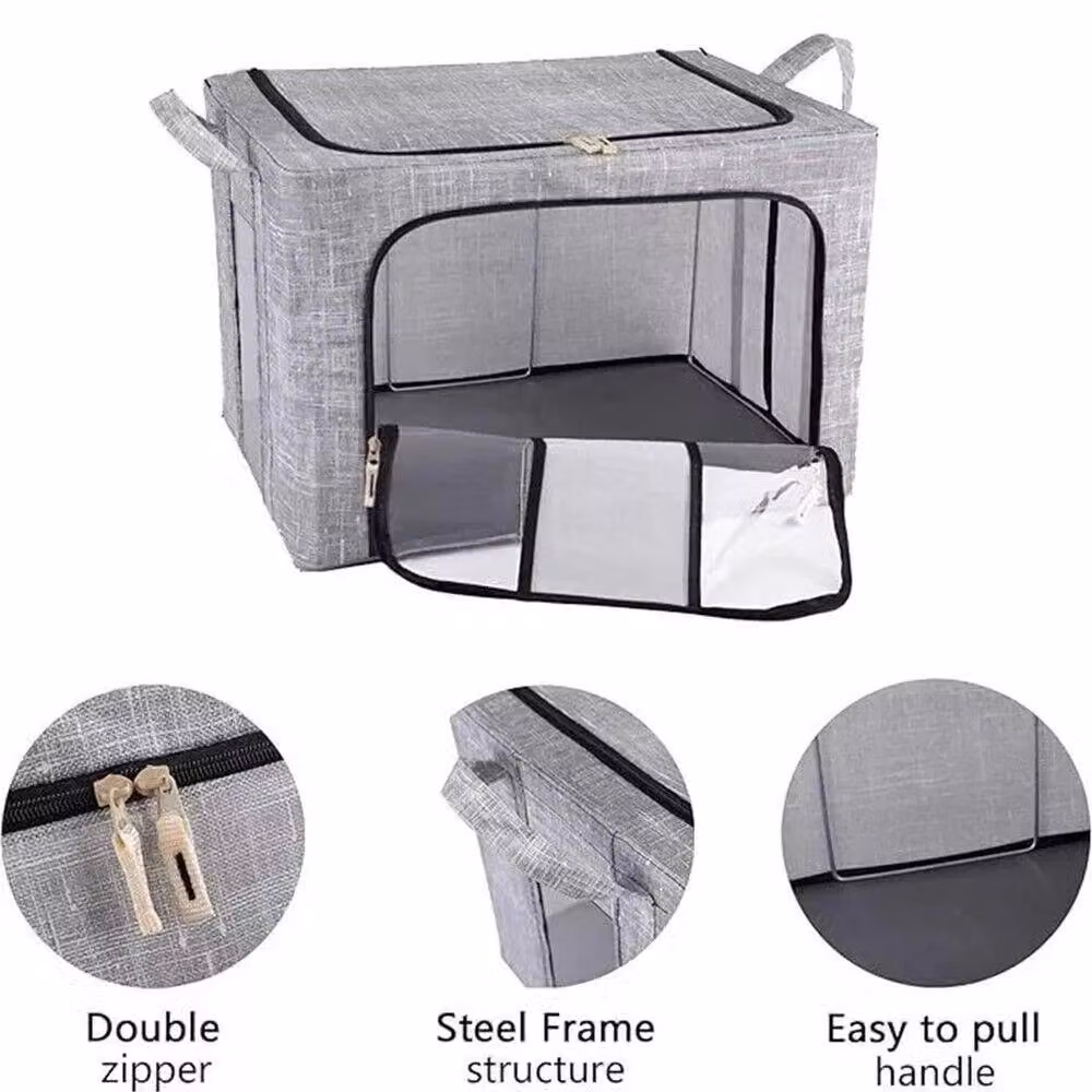 FLAVORA Set of 3 Large Foldable Fabric Storage Boxes with Lids in Grey, W/D/H: 50 x 33 x 66 cm – 2