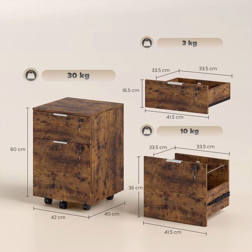 HOMCOM 2 Drawer Brown Industrial Filing Cabinet with Lock and Castors – 3