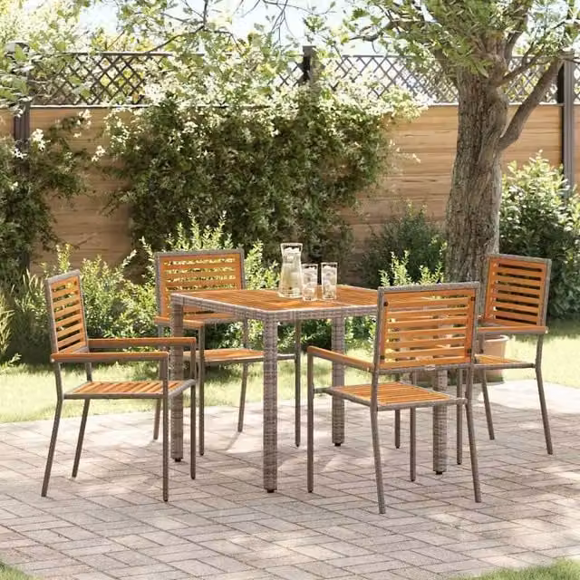 Berkfield Home 5 Piece Grey Poly Rattan and Acacia Wood Garden Dining Set