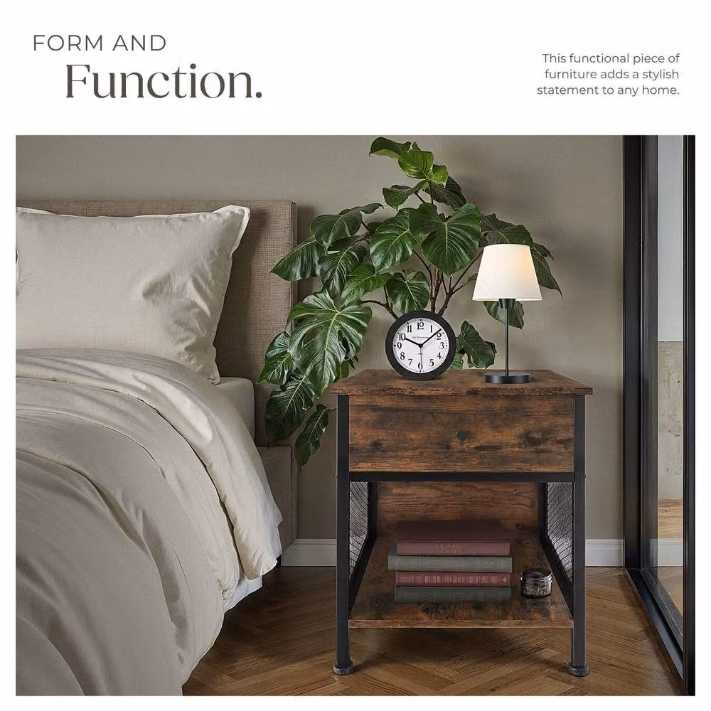 tectake Killarney Bedside Table with Shelf, Drawer and Open Storage in Brown – 5