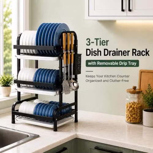 simplehuman Stainless Steel 3 Tier Dish Drainer Rack with Drip Tray and Cutlery Holder in Black or White – 13