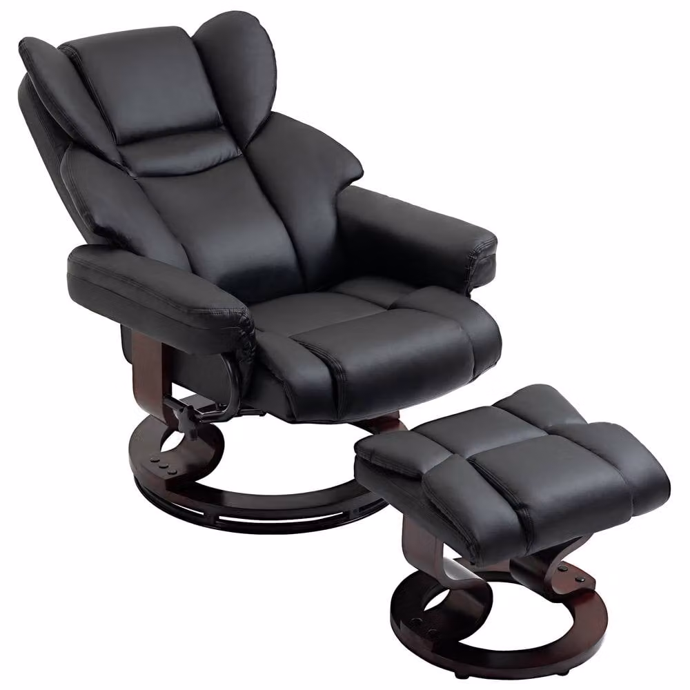 STILVORA Black Synthetic Leather Recliner Chair with Matching Ottoman and 360 Degree Swivel – 4