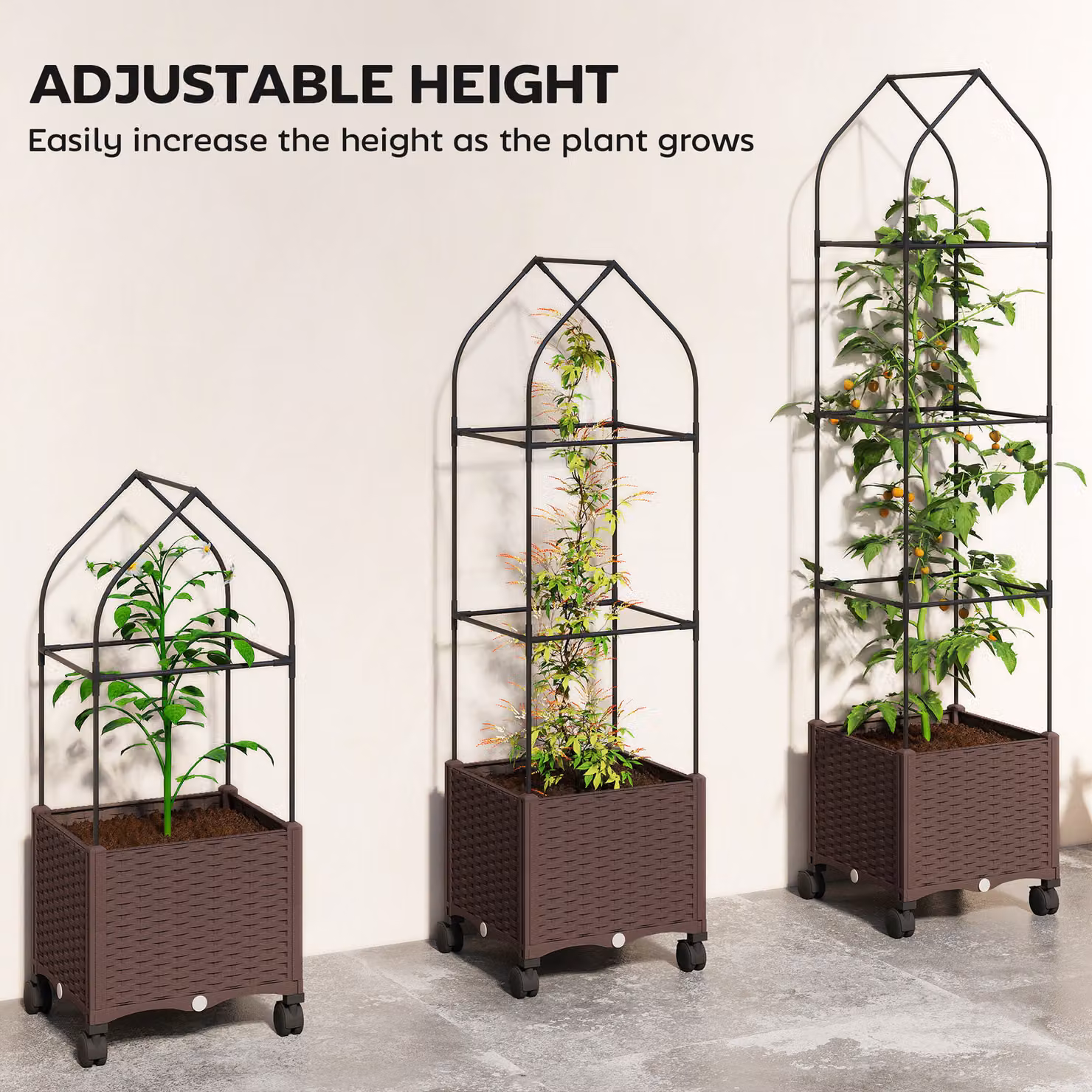 Outsunny Brown Raised Garden Bed with Trellis and Lockable Wheels, Self-Watering Plastic WPC Planter Box with Drainage Holes – 4