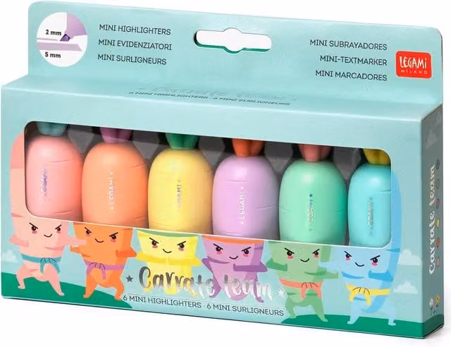 Legami Carrate Team Carrot Shaped Mini Highlighters, Multicolour Pastel Chisel Tip Set of 6