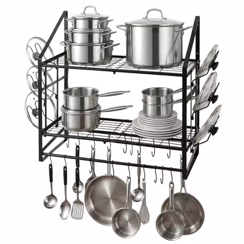 Toque Extra Long Wall Mounted 2 Tier Pot Rack and Pan Organiser in Black with 20 Movable Hooks and 6 Lid Holders, Width: 93.5 cm – 7