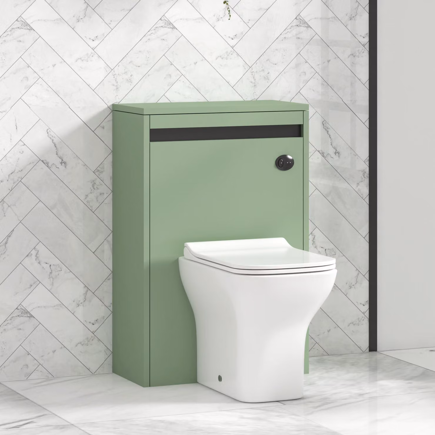 Royal Bathrooms Orion Mint Sage Wall Mounted WC Unit with Qubix Rimless Toilet Pan, Slim Soft Close Seat and Cistern with Black Accent Trim, Width: 54 cm