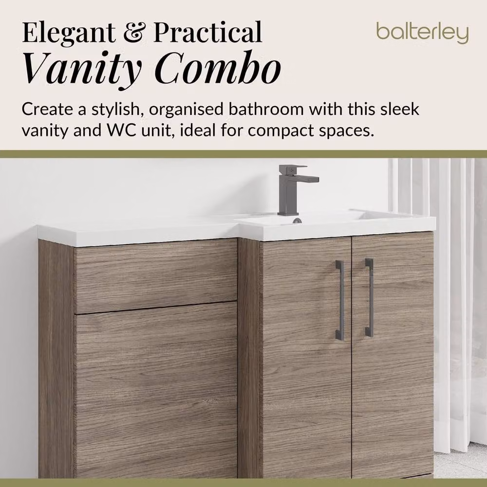 Balterley Modern Brown Right-Hand Vanity and WC Unit Combination with Brushed Pewter Details, Width: 110 cm – 2