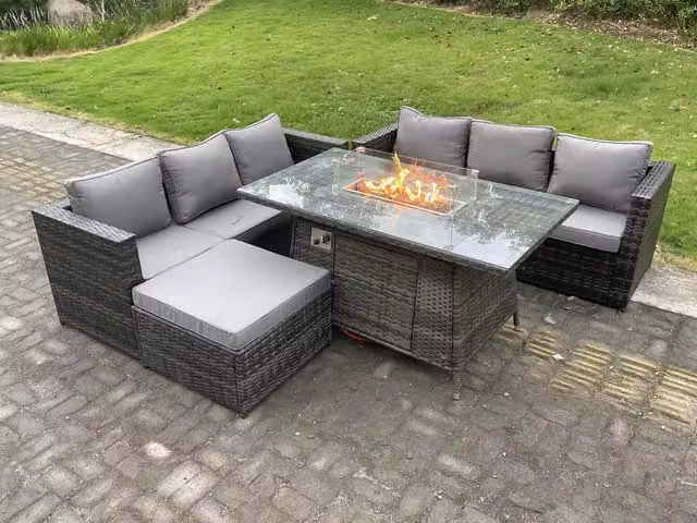 Fimous Outdoor Rattan Garden Furniture Set with 3 Seater Sofa and Gas Fire Pit Dining Table in Dark Grey