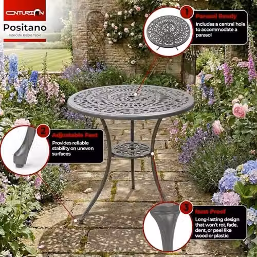 Centurion Positano 3-Piece Cast Aluminium Garden Bistro Set in Grey with 1 Table and 2 Armchairs – 4