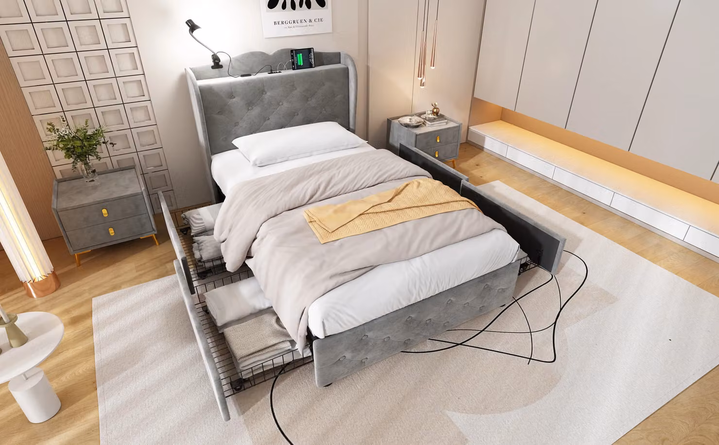 Matteo Grey Velvet Upholstered Double Storage Bed with 4 Drawers, Integrated Reading Light and USB Charging Port – 5