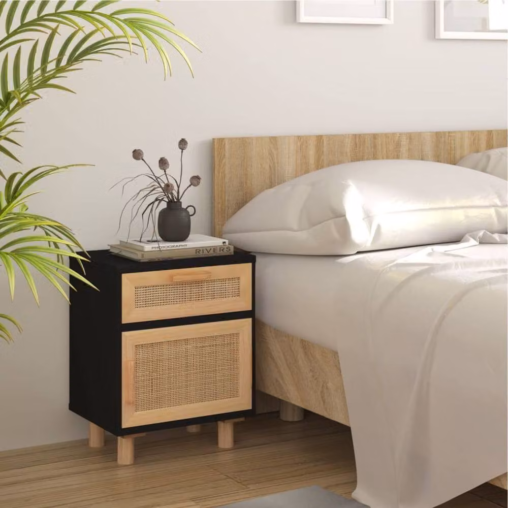 Berkfield Home Bedside Cabinet in Black Solid Pine and Natural Rattan – 2