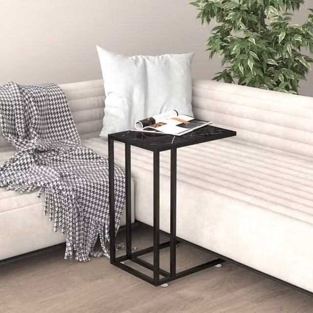 Berkfield Home Computer Side Table in Black Marble with Tempered Glass, W/D/H: 50 x 35 x 65 cm