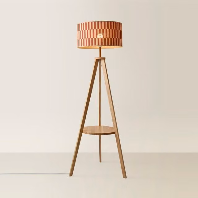 Morrigan Shelf Tripod Floor Lamp with Orange Checkerboard Bamboo Shade in Brown and Wood