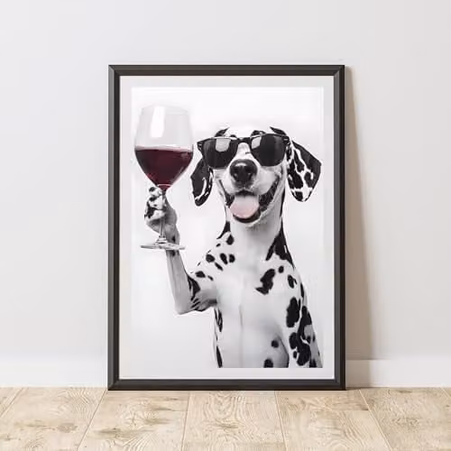 60 Second Makeover Limited Funny Dalmatian Drinking Wine Paper Poster, Black and White, A4