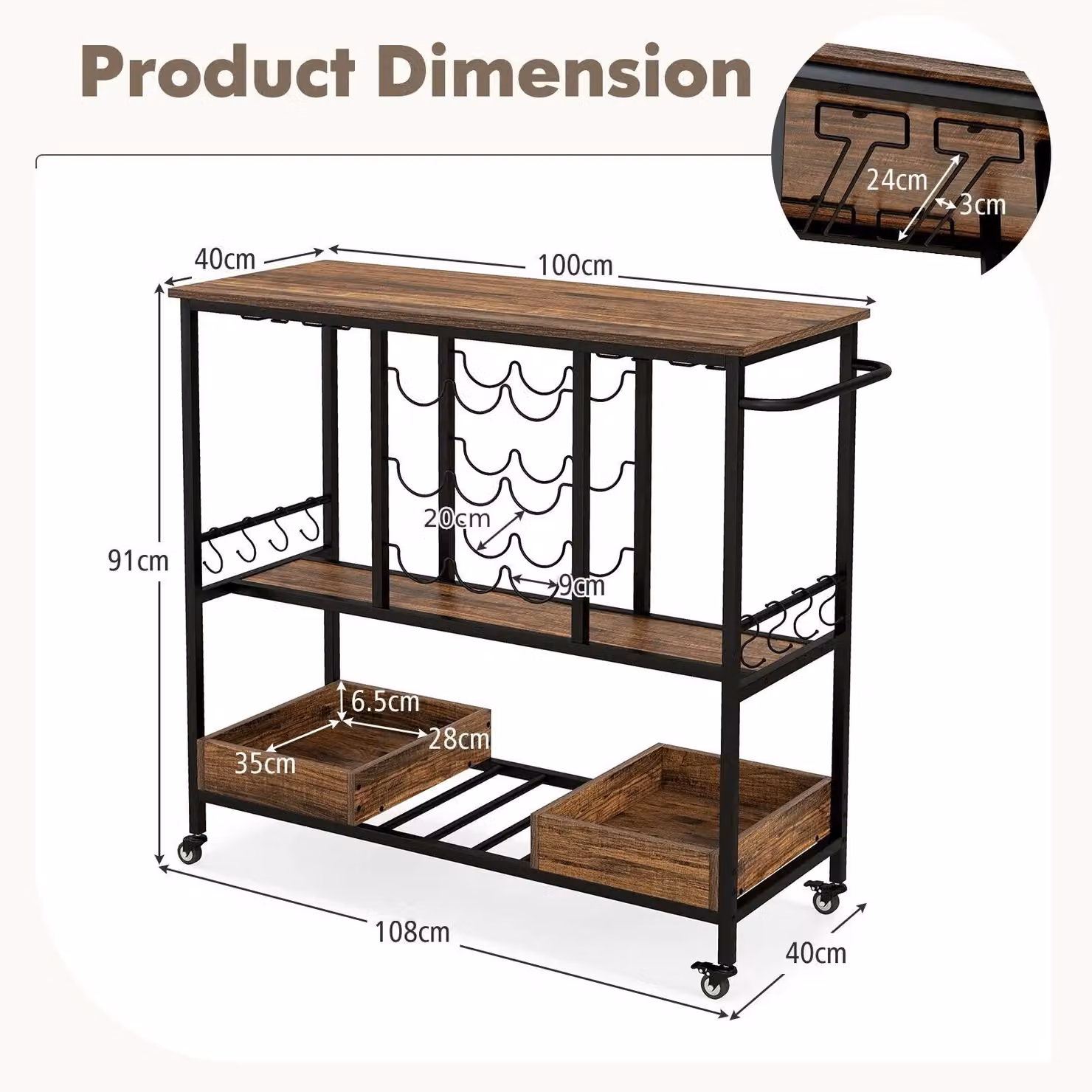 Costway 3 Tier Kitchen Bar Cart with Glass Racks in Brown – 2