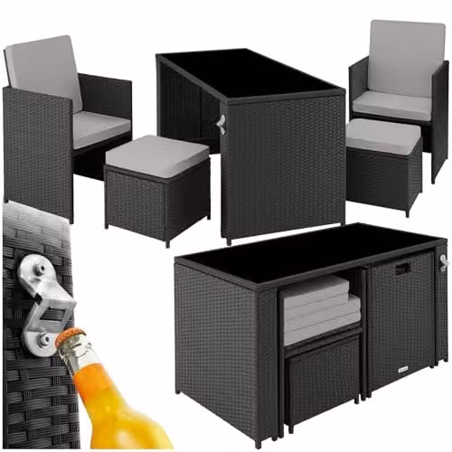 TecTake Rattan Garden Furniture Set with 2 Lounge Armchairs, 2 Ottomans and 1 Coffee Table with Glass Top, Black and Grey