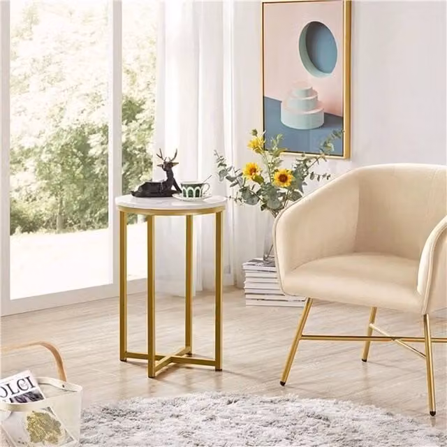 KORVIXA Round Marble Top End Table with Gold Frame in White, Diameter: 100 cm, Height: 40.5 cm