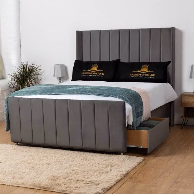UK Bed Furniture Seoul Wingback Divan Bed with 54 Inch Headboard and 2 Drawers in Grey Velvet, Size: Super King (200 x 200 cm)