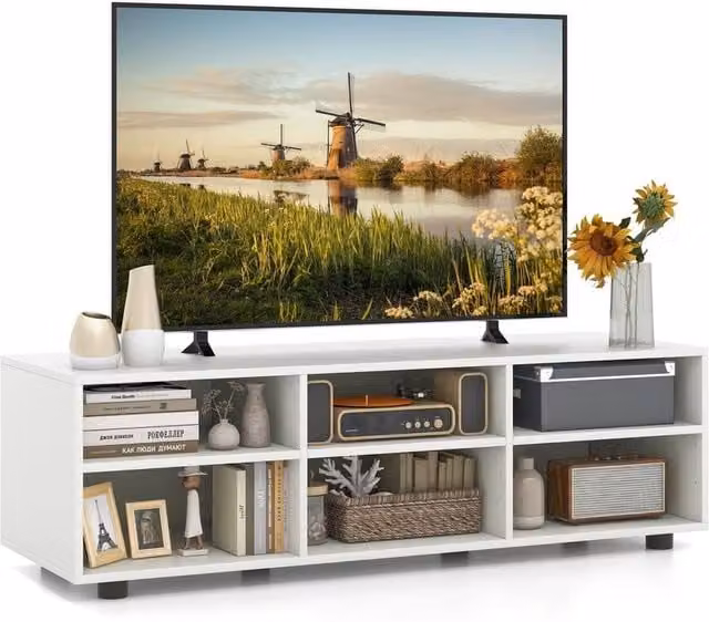 VOGREX 55 inch Modern White Wooden TV Stand with 6 Compartments