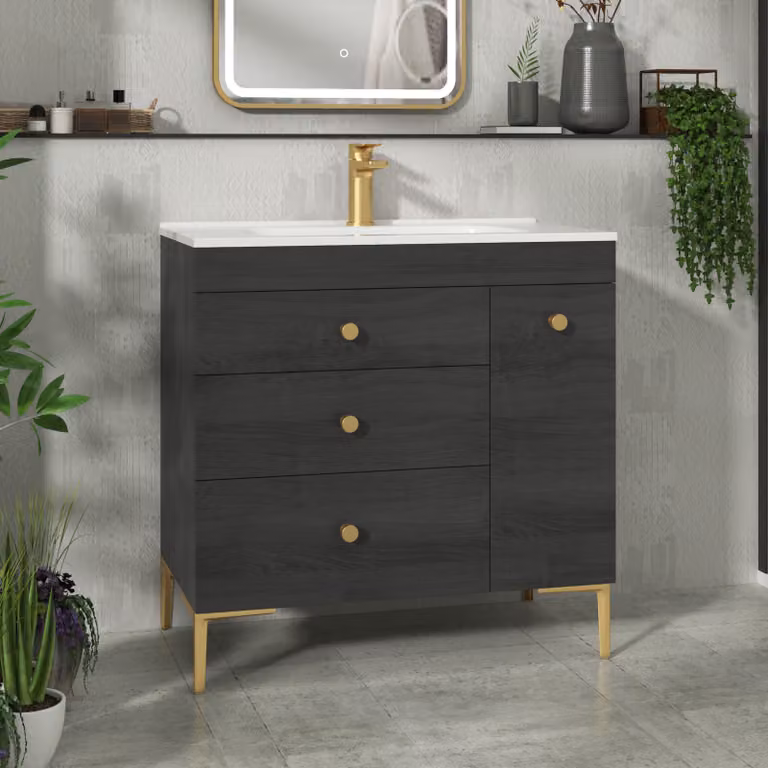 Royal Bathrooms Verona 800mm Black Woodgrain Floor Standing Vanity Unit with 3 Drawers, Side Pull Out Storage and Ceramic Basin featuring Brushed Brass Knob