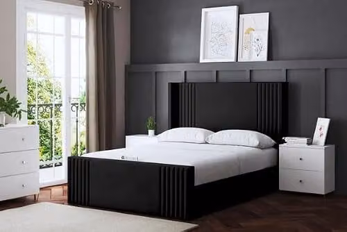 DS Living Elara Winged Black Velvet Panel Ottoman Bed with Headboard, W/D/H: 150 x 200 cm