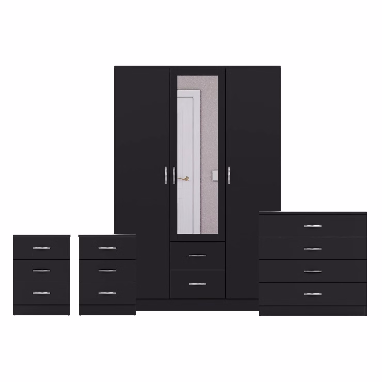 Vida Designs 4 Piece Modern Black Bedroom Set including 2 Bedside Tables, 4 Drawer Chest and 3 Door Mirror Wardrobe – 2