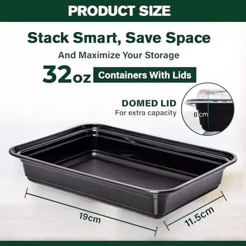 ECONX 10 Pack Black Reusable Plastic Meal Prep Containers with Airtight Lids, 32oz Capacity, 1 Compartment, Microwave and Dishwasher Safe – 3