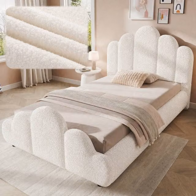 Rolipo Petal-Shaped Bouclé Upholstered Single Bed Frame, Cream White, W/D/H: 90 x 190 cm