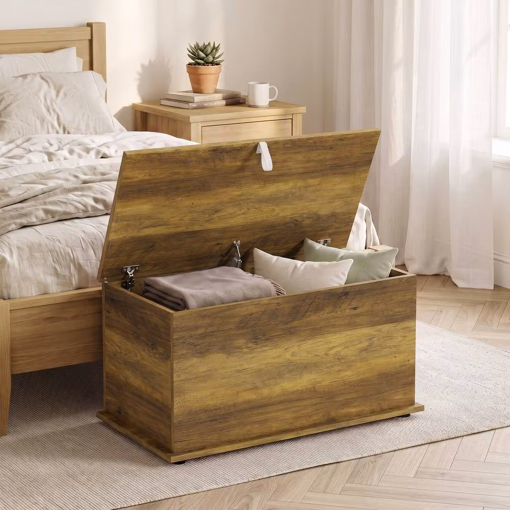 HOMCOM Brown Wood Storage Chest with Safety Hinged Lid and 102L Capacity – 2