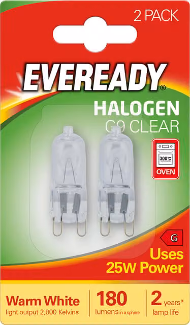 Eveready G9 Halogen Capsule Light Bulb, 25W, 2800K Warm White, 180lm, Transparent Glass