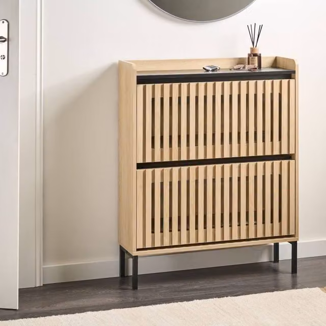 Wyld and Coco Brown Scandinavian Tilt-Out Shoe Cabinet with 2 Drawers and Ventilation, W/D/H: 80 x 25 x 100 cm