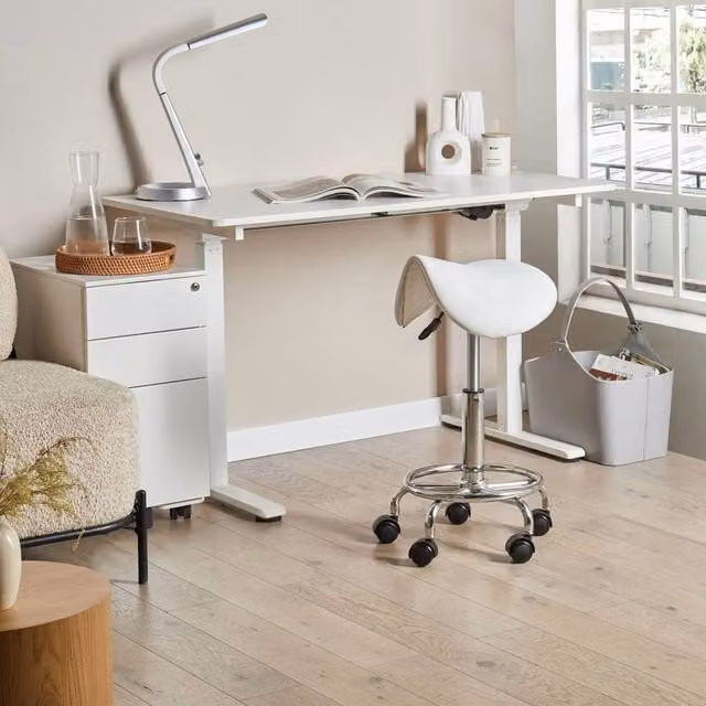 Wyld and Coco White Faux Leather Adjustable Swivel Office Saddle Stool