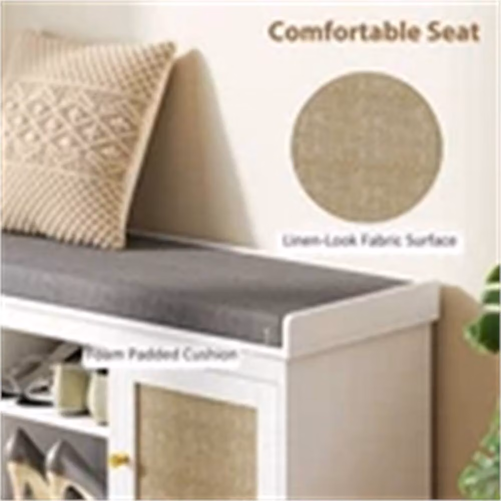 Nordara White Rattan and MDF Shoe Storage Bench with Fabric Padded Cushion – 2
