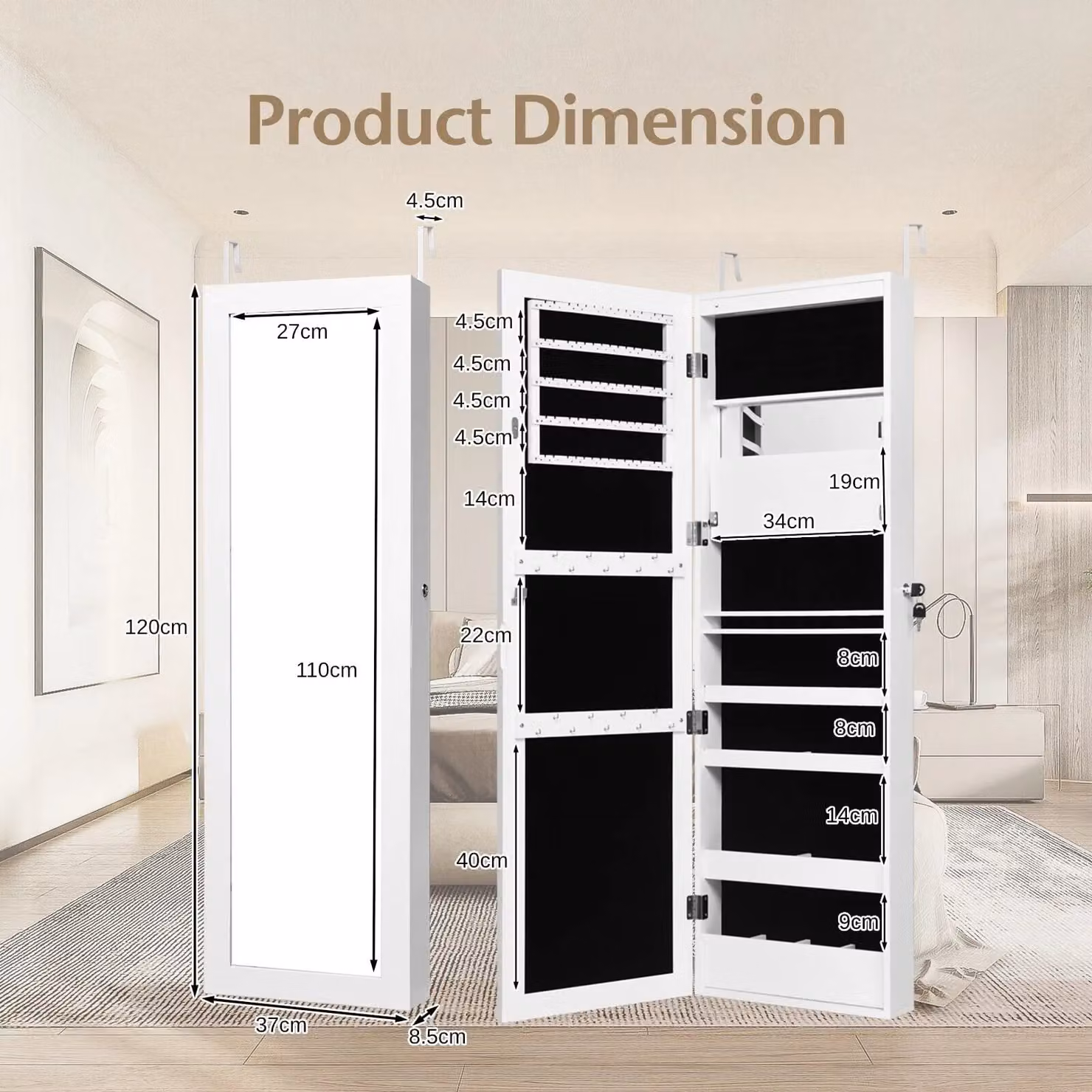 Costway Wall Mounted Jewelry Storage Cabinet with Full Mirror and LED Lighting in White – 2