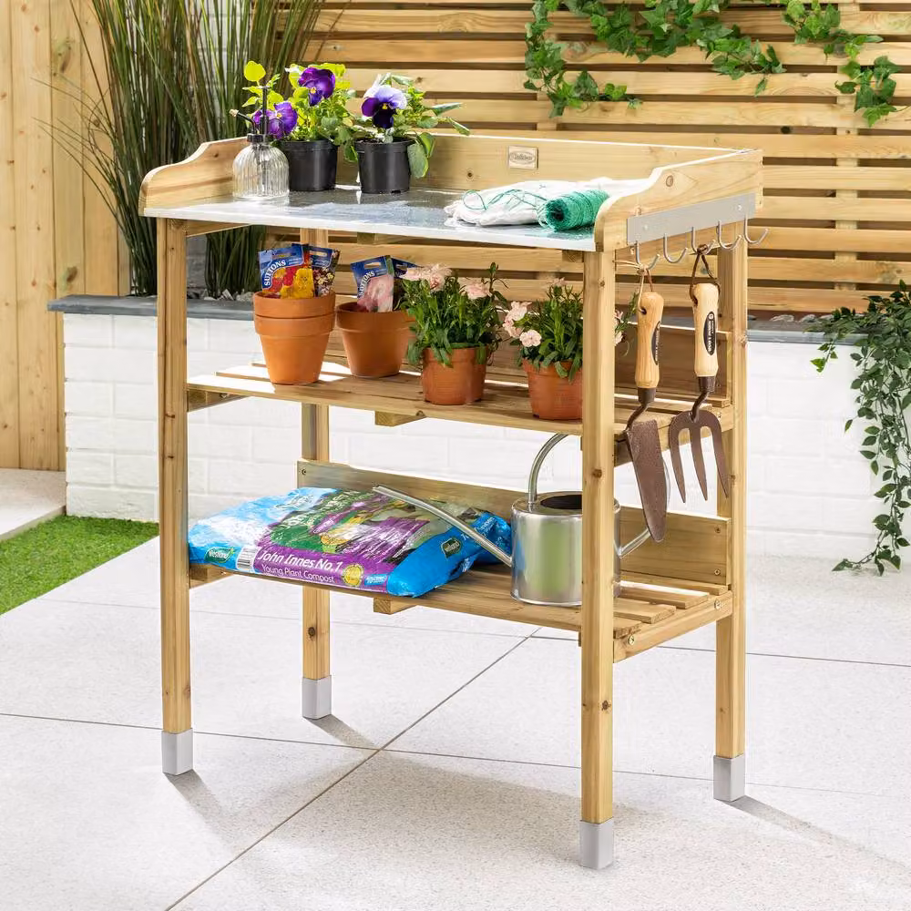 Christow Natural Wooden and Metal Garden Potting Table with Shelves and Hooks – 2