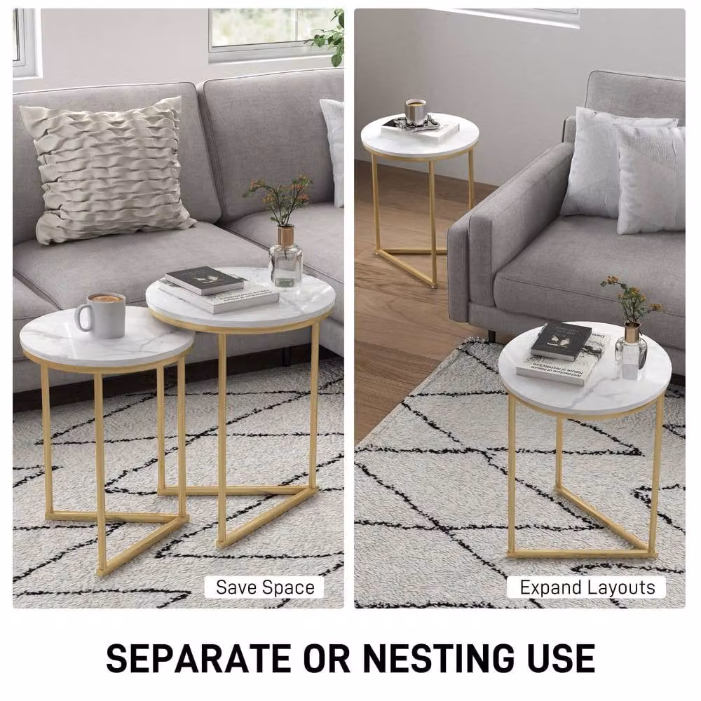 HOMCOM Set of 2 Modern Nesting Coffee Tables with White Glossy Composite Tops and Gold Tone Metal Frames – 3