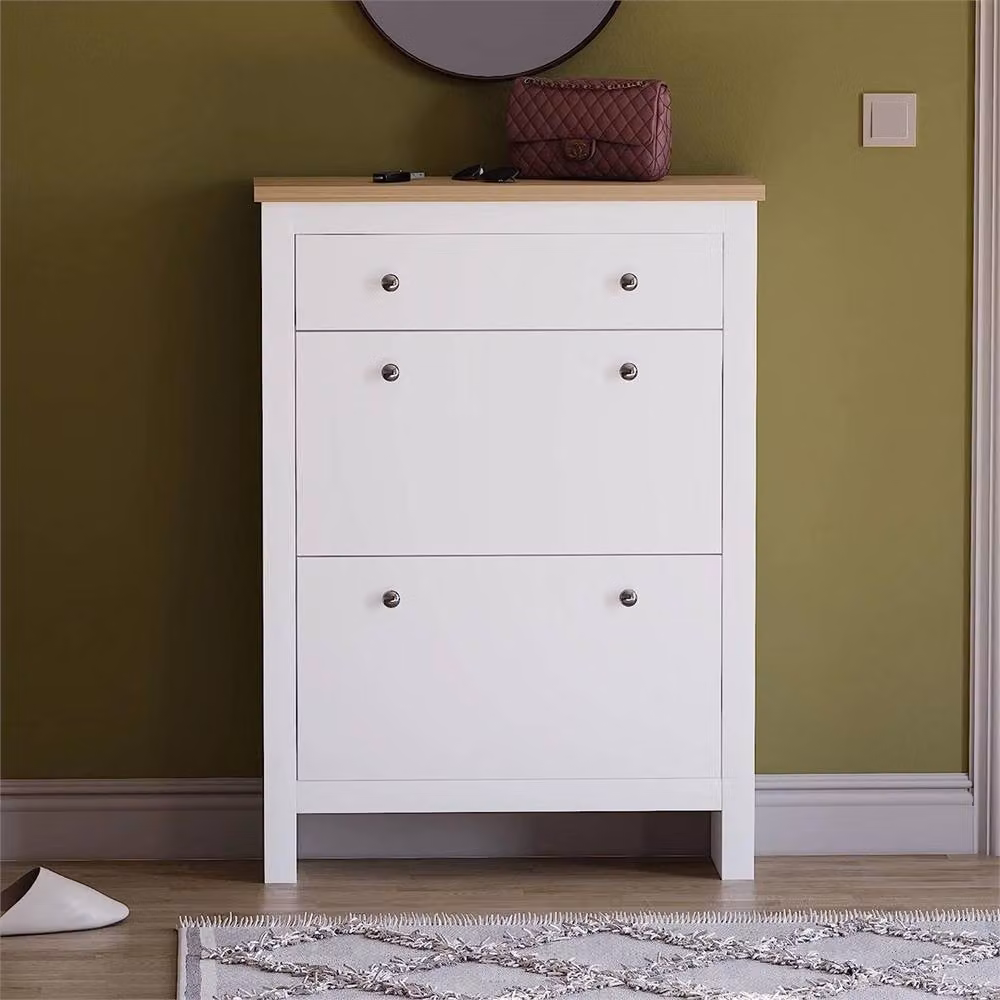 Nordara Modern White Wooden Shoe Storage Cabinet with Tilting Compartments and Drawers – 4