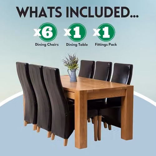 Thats Furniture Kuba Solid Oak Dining Table and 6 Lola Black Leather Chairs Set, W: 180 cm, D: 90 cm, H: 78 cm – 3