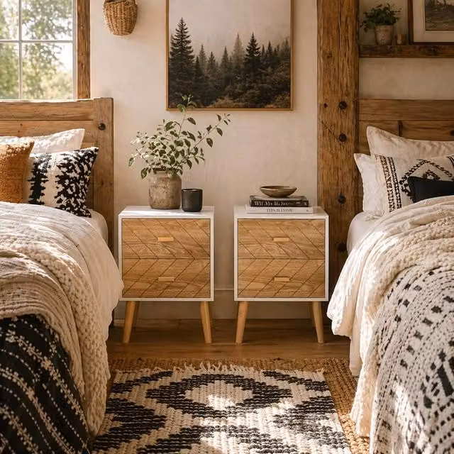 Wyld Haus Hafane Set of 2 White and Natural Bedside Tables with 2 Chevron Drawers