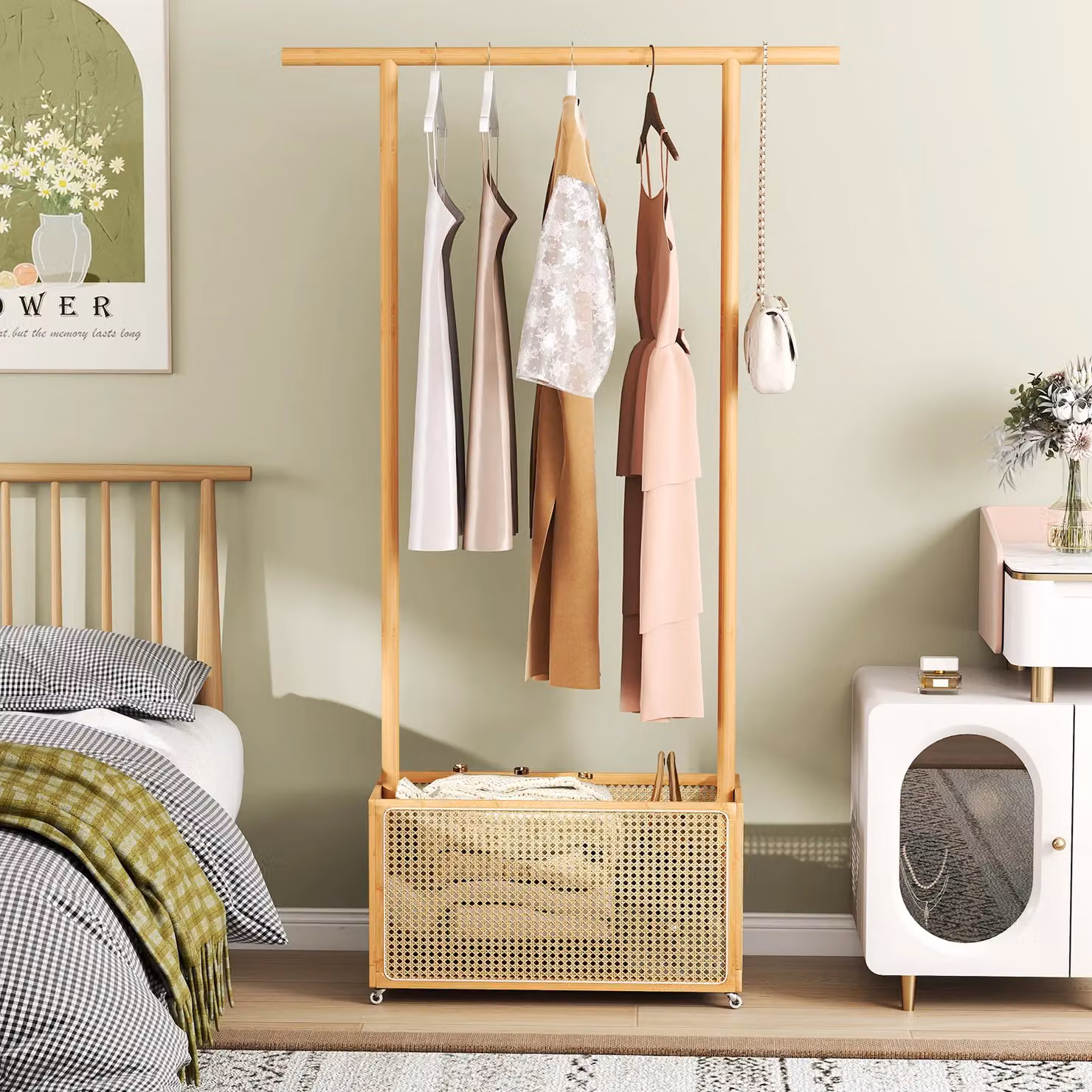 Costway Bamboo Clothes Rack and Coat Hanger Stand with Rattan Storage Basket in Natural Brown – 2