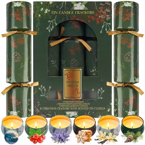 KreativeKraft Luxury Christmas Candle Crackers, 6 Pack Floral Design in Green Tin – 1