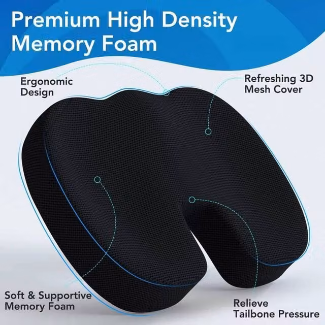 EONLION Black U-Shaped Memory Foam Back Support Cushion for Car or Home, W/D/H: 120 x 90 x 2 cm – 1