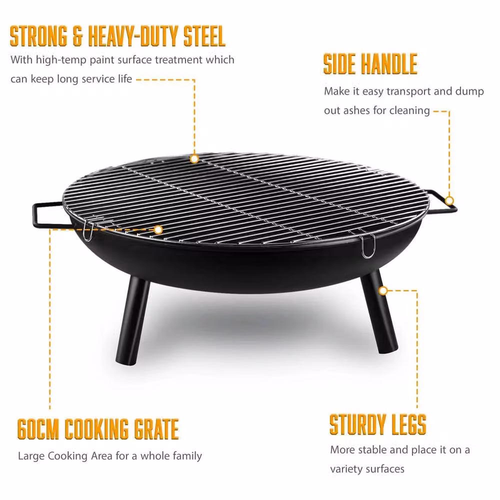 Crystals Large Round Steel Fire Pit and BBQ Grill in Black – 3
